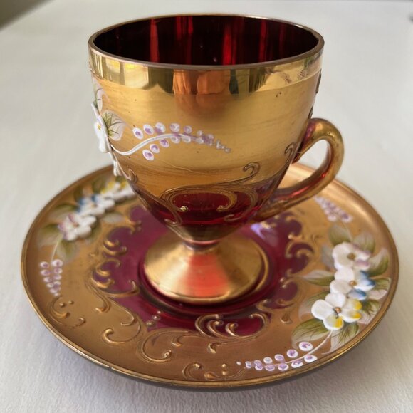 MURANO GLASS TEACUP SAUCER SET ITALY Venetian Hand Painted, Raised Floral Design - Picture 2 of 10